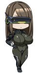  1girl alternate_breast_size alternate_hairstyle armor armored_bodysuit bodysuit breasts brown_hair chibi commentary commentary_request covered_navel dekapaiyukari frown goddess_of_victory:_nikke hand_on_own_hip highres huge_breasts mass-produced_nikke mechanical_arms medium_hair swept_bangs visor_(armor) white_background 