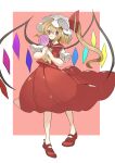 1girl absurdres adapted_costume aporro622 blonde_hair border candy closed_mouth flandre_scarlet food full_body hair_between_eyes hat highres holding holding_candy holding_food holding_lollipop lollipop long_skirt looking_at_viewer medium_hair mob_cap multicolored_wings no_socks pink_background red_eyes red_footwear red_shirt red_skirt shirt short_sleeves skirt solo swirl_lollipop touhou white_border white_headwear wings 