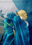  1boy blonde_hair blue_cape blue_eyes cape cape_tug chaldea_logo covered_mouth cowboy_shot fate/grand_order fate_(series) fur-trimmed_cape fur_trim gawain_(fate) hair_over_one_eye indoors looking_at_viewer male_focus mochizuki_jun short_hair sideways_glance standing twitter_username 