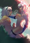  1boy 1girl assertive_female bandaged_arm bandaged_neck bandages blurry blurry_background erection eye_contact flower futa_with_male futanari grey_hair hair_flower hair_ornament highres jagged_sword kaine_(nier) looking_at_another lunar_tear male_on_futa nier nier_(series) nier_(young) nude penis playzholder precum sex smile straddling upright_straddle 