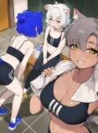  3girls =_= ahoge animal_ear_fluff animal_ears bear_ears bear_girl bear_tail black_leggings black_shorts black_sports_bra blue_footwear blue_hair bottle breasts cat_ears cat_girl cat_tail cleavage closed_eyes collarbone crossed_bangs dark-skinned_female dark_skin flat_chest grey_hair grin gris_(vertigris) hair_between_eyes highres holding holding_bottle indoors kara_(vertigris) large_breasts leggings light_blush locker locker_room looking_at_viewer midriff mouse_girl mouse_tail multiple_girls navel open_mouth original perl_(vertigris) shoes short_hair shorts sitting sitting_on_bench smile sneakers socks sports_bra standing sweatband sweatdrop tail tile_floor tiles towel towel_around_neck vertigris water_bottle white_hair white_socks white_towel wristband yellow_eyes yellow_footwear 