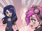  2girls belt black_gloves black_hair blue_eyes blush brown_belt caitlyn_(league_of_legends) flat_chest gloves goggles goggles_on_head hand_up league_of_legends long_hair multiple_girls open_mouth phantom_ix_row pink_hair profile short_hair short_sleeves smoke sweat teeth tongue upper_teeth_only vi_(league_of_legends) 