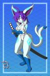  2023 absurd_res anthro asian_clothing big_breasts breasts camel_toe clothing derthevaporeon east_asian_clothing eeveelution espeon female fighting_pose fundoshi generation_2_pokemon generation_4_pokemon glaceon glowing glowing_markings hair head_gem hi_res hybrid_pokemon japanese_clothing katana looking_at_viewer markings melee_weapon nintendo pokemon pokemon_(species) pose purple_hair solo sword umbreon underwear weapon wide_hips 