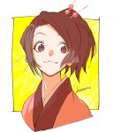  1girl artist_name brown_eyes brown_hair closed_mouth commentary_request cropped_shoulders fuu_(samurai_champloo) hair_ornament hairpin halftone_texture highres japanese_clothes kawazu_(kwzuuun) kimono looking_to_the_side pink_kimono portrait samurai_champloo smile solo two-tone_background white_background yellow_background 
