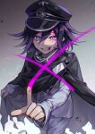  1boy absurdres black_hair black_headwear black_jacket black_neckerchief checkered_neckerchief cowboy_shot danganronpa_(series) danganronpa_v3:_killing_harmony grey_background hat highres jacket looking_at_viewer male_focus multicolored_hair nanin neckerchief oma_kokichi peaked_cap purple_eyes purple_hair short_hair smile solo teeth white_neckerchief 