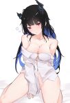  1girl absurdres bare_shoulders black_hair blue_hair blush bottomless breasts english_commentary highres hololive hololive_english horns kneeling large_breasts long_hair looking_at_viewer messy_hair mole mole_on_crotch mole_under_eye namiorii nerissa_ravencroft parted_lips red_eyes shirt solo thighs very_long_hair virtual_youtuber waking_up white_shirt 