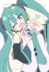  1girl ;d aqua_eyes black_sleeves detached_sleeves green_eyes green_hair green_necktie hair_between_eyes hatsune_miku headset heart heart_hands ixy long_hair looking_at_viewer necktie one_eye_closed open_mouth shirt smile sol twintails vocaloid white_shirt 