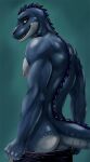  anthro athletic athletic_anthro athletic_male bleakcat blue_body blue_scales bottomwear bottomwear_down butt clothed clothing crocodilian male nipples nouss_(spooner69er) pants pants_down partially_clothed rear_view reptile scales scalie seductive shirtless smile solo spikes undressing yellow_eyes 