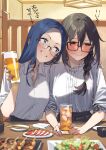  2girls 92m alcohol beer black-framed_eyewear blue_eyes blue_hair blue_nails blush braid braided_ponytail closed_mouth collared_shirt cup dateko drink fingernails food glasses highres holding holding_cup kakita_(92m) long_hair looking_at_another multiple_girls nail_polish original shirt sitting smile translation_request wavy_mouth white_shirt yellow_eyes 