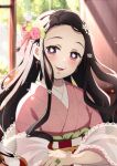  1girl absurdres black_hair blush cleavage_cutout clothing_cutout earrings flower forehead gradient_hair hair_flower hair_ornament hair_ribbon highres japanese_clothes jewelry kamado_nezuko kimetsu_no_yaiba kimono long_hair long_sleeves multicolored_hair open_mouth orange_hair pink_eyes pink_flower pink_kimono pink_ribbon pink_rose pori_(kmt_pori) ribbon rose solo teeth upper_teeth_only very_long_hair white_flower white_rose 