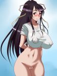  1girl arm_behind_back black_hair blue_background blush bottomless breasts closed_mouth commentary_request covered_nipples curvy embarrassed feet_out_of_frame gumumu huge_breasts kanzaki_kaori light_blue_background long_hair looking_at_viewer navel nose_blush ponytail purple_eyes pussy shirt short_sleeves sidelocks solo stomach sweatdrop thick_thighs thigh_gap thighs tied_shirt toaru_majutsu_no_index very_long_hair white_shirt wide_hips 