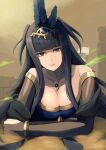  1girl absurdres bare_shoulders black_eyes black_hair blunt_bangs bracelet breasts bridal_gauntlets cleavage closed_mouth feather_hair_ornament feathers fire_emblem fire_emblem_awakening fire_emblem_heroes gold gold_trim hair_ornament highres jewelry labebebe_lee large_breasts light_smile long_hair looking_at_viewer lying mixed-language_commentary neck_ring official_alternate_costume on_stomach solo tharja_(fire_emblem) tharja_(plegian)_(fire_emblem) tiara two_side_up 