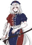  1girl absurdres arrow_(projectile) blue_dress blue_headwear bow_(weapon) cross dress expressionless highres kuya_(hey36253625) long_hair red_cross red_dress short_sleeves sketch solo touhou two-tone_dress very_long_hair weapon white_hair yagokoro_eirin 