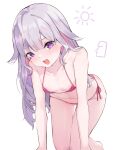  1girl :d absurdres all_fours bare_shoulders bikini collarbone flat_chest highres hololive hololive_english koseki_bijou long_hair looking_at_viewer micro_bikini namiorii navel open_mouth purple_eyes purple_hair side-tie_bikini_bottom simple_background smile solo swimsuit virtual_youtuber white_background 