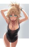  1girl armpits arms_behind_head arms_up bad_id bad_twitter_id bare_shoulders black_tank_top blonde_hair blush breasts collarbone fate/apocrypha fate_(series) glasses green_eyes highres long_hair looking_at_viewer mordred_(fate) mordred_(fate/apocrypha) mouth_hold parted_bangs ponytail sidelocks small_breasts solo tank_top thighs tonee tying_hair 
