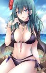  1girl :d bikini black_bikini black_cape blue_eyes blue_hair blue_sky breasts byleth_(female)_(fire_emblem) byleth_(female)_(summer)_(fire_emblem) byleth_(fire_emblem) cape cloud commentary_request dagger day fire_emblem fire_emblem:_three_houses fire_emblem_heroes flower hair_flower hair_ornament highres kirishima_riona knife large_breasts long_hair looking_at_viewer navel official_alternate_costume open_mouth red_flower sitting sky smile solo stomach swimsuit thighs weapon 