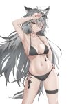  1girl ;) absurdres animal_ears arknights arm_up armpits bare_shoulders bikini black_bikini breasts collarbone commentary_request cowboy_shot grey_eyes grey_hair hair_ornament hairclip hand_on_own_hip head_tilt highres lappland_(arknights) long_hair looking_at_viewer medium_breasts navel nixo_(gugunico) one_eye_closed oripathy_lesion_(arknights) side-tie_bikini_bottom simple_background smile solo standing stomach swimsuit tail thigh_strap thighs very_long_hair white_background wolf_ears wolf_tail 