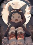  1boy acnhiti bat_(animal) bat_costume black_hair child commentary_request full_moon halloween halloween_costume highres male_focus moon night numbered open_mouth original sitting solo white_footwear 
