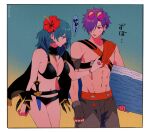  1boy 1girl abs bikini black_bikini black_cape black_gloves blue_eyes blue_hair breasts byleth_(female)_(fire_emblem) byleth_(female)_(summer)_(fire_emblem) byleth_(fire_emblem) cape cleavage commentary_request eyewear_on_head fingerless_gloves fire_emblem fire_emblem:_three_houses fire_emblem_heroes fire_emblem_warriors:_three_hopes flower gloves hair_flower hair_ornament hair_over_one_eye hibiscus holding holding_surfboard male_swimwear medium_breasts muscular muscular_male navel nzmnnkk official_alternate_costume one_eye_covered profile purple_eyes purple_hair red_flower shez_(fire_emblem) shez_(male)_(fire_emblem) shez_(male)_(summer)_(fire_emblem) stomach sunglasses surfboard swim_trunks swimsuit translation_request twitter_username 