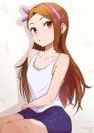  1girl absurdres bare_shoulders bike_shorts blush breasts brown_hair collarbone hairband highres idolmaster idolmaster_(classic) idolmaster_million_live! idolmaster_million_live!_theater_days long_hair looking_at_viewer minase_iori ms_rinmoku parted_lips pink_hairband red_eyes shadow shirt simple_background sitting sleeveless sleeveless_shirt small_breasts solo white_background white_shirt 