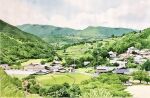  blue_sky building car cloud cloudy_sky house motor_vehicle mountain mountainous_horizon no_humans original rural scenery sky terrace toirom_pmxh town tree utility_pole valley 