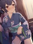  1girl black_hair blue_hair blue_kimono blunt_bangs blush breasts clothes_lift cowboy_shot dark_blue_hair dress dress_lift floral_print flower hair_bun hair_flower hair_ornament highres idolmaster idolmaster_shiny_colors japanese_clothes kimono lifted_by_self looking_to_the_side morino_rinze night obi outdoors panties panty_pull print_kimono red_eyes sash seneto short_hair sidelocks single_hair_bun small_breasts standing sweat sweatdrop tree underwear white_panties 