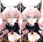  1girl blue_eyes breasts cleavage closed_eyes collarbone commentary_request frown hair_ears hands_on_own_breasts headgear hibiyakaren highres large_breasts long_hair looking_at_viewer maria_cadenzavna_eve pink_hair portrait senki_zesshou_symphogear sparkle straight-on white_background 