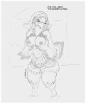  2023 anthro areola avian beak biped bird breasts clothed clothing dialogue english_text feathers female fondling hair hand_on_own_breast hi_res holding_breast looking_at_viewer monochrome nintendo nipples non-mammal_breasts rito saki_(tloz) self_fondle signature smile solo talking_to_viewer text the_legend_of_zelda winged_arms wings zerofox1000 