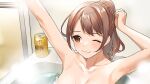  1girl alcohol armpits arms_up bath bathing bathroom bathtub beer beer_can blush breasts brown_eyes brown_hair can closed_mouth doushimasho glass_door indoors large_breasts one_eye_closed original ponytail sliding_doors steam stretching water wet 