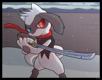  anthro blue_eyes fur generation_4_pokemon heterochromia infinitydoom male melee_weapon nintendo pokemon pokemon_(species) red_eyes riolu scarf snow solo sword wall_(structure) weapon white_body white_fur 