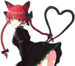  1girl :3 absurdres animal_ears ass bent_over black_bow black_dress blunt_bangs bow braid breasts cat_ears cat_girl closed_mouth commentary_request dress extra_ears hair_bow heart heart_tail highres kaenbyou_rin long_hair looking_at_viewer multiple_tails nekomata no_panties ptn red_hair side_braids simple_background solo tail touhou twin_braids two_tails variant_set white_background 