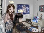  2girls angel_wings ashtray black_hair brown_eyes brown_hair brown_sweater_vest can chair cigarette computer counter-strike_(series) crumpled_paper curtains desk diu9you english_commentary figure furrowed_brow grey_eyes grey_wings haibane_renmei half-life halo hammer_and_sickle highres indoors iwakura_lain jacket keyboard_(computer) long_hair long_sleeves medium_hair mouse_(computer) mousepad_(object) multiple_girls nemu_(haibane) office_chair open_clothes open_jacket open_mouth os-tan paint paintbrush painting_(object) palette_(object) paper pink_jacket playing_games poster_(object) rakka_(haibane) reki_(haibane) serial_experiments_lain smoking speaker star_(symbol) sticker straight_hair sweater_vest swivel_chair window wings xp-tan 