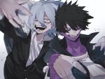  2boys ametaro_(ixxxzu) black_hair black_jacket black_pants blue_eyes boku_no_hero_academia burn_scar cheek_piercing coat dabi_(boku_no_hero_academia) fur-trimmed_coat fur_trim grey_jacket highres jacket looking_at_viewer male_focus medium_hair multiple_boys multiple_scars open_mouth pants red_eyes scar scar_on_face shigaraki_tomura shirt short_hair spiked_hair staple stapled white_background white_hair white_shirt wrinkled_skin 