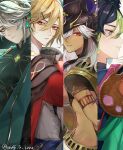  4boys alhaitham_(genshin_impact) animal_ear_fluff animal_ears aqua_background aqua_eyes artist_name black_background black_choker black_hair black_shirt blonde_hair blue_cape blue_eyes blue_hair blue_hoodie blunt_ends cape choker coffee_beans crystal cup cyno_(genshin_impact) dark-skinned_male dark_skin earrings fake_animal_ears feather_hair_ornament feathers floral_print flower fox_boy fox_ears from_behind genshin_impact gold_trim gradient_background green_hair grey_hair hair_between_eyes hair_ornament hair_over_one_eye hairclip half-closed_eyes hand_up helmet highres holding holding_cup hood hoodie jewelry kaveh_(genshin_impact) long_hair looking_at_another looking_at_viewer looking_back looking_to_the_side male_focus mandarin_collar multicolored_hair multiple_boys red_cape red_eyes red_flower shirt short_hair short_sleeves simple_background sleeveless sleeveless_shirt smile sparkle teeth tighnari_(genshin_impact) two-tone_hair unagi_to_kame white_background white_shirt 