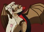  absurd_res anthro bat bite blood bodily_fluids breasts cape chastity_cage chastity_device clothing duo female hi_res male mammal membrane_(anatomy) membranous_wings nude rielle simple_background wings 