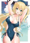  1girl absurdres alternate_costume ass_visible_through_thighs atago_(kancolle) beret blonde_hair blue_one-piece_swimsuit blue_sky blush border breasts casual_one-piece_swimsuit cloud cloudy_sky collarbone covered_nipples dated day green_eyes hat highres kantai_collection large_breasts long_hair looking_at_viewer one-piece_swimsuit open_mouth outdoors shio_mugi1107 sky smile solo swimsuit twitter_username white_border 