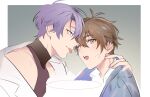  2boys :p antenna_hair bishounen brown_eyes brown_hair eiden_(nu_carnival) huinmy imminent_kiss kuya_(nu_carnival) long_sleeves looking_at_viewer male_focus mole mole_under_eye multiple_boys nu_carnival purple_eyes purple_hair purple_nails short_hair sketch tongue tongue_out yaoi 