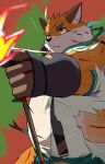  9dtq0 absurd_res ahoge anthro archer belly blood bodily_fluids bow_(weapon) canid canine clothing flaming_arrow fox fur green_eyes hair hi_res iyo_(tamacolle) male mammal orange_body orange_fur overweight ranged_weapon solo tamacolle torn_clothing weapon wounded 