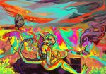 animal_humanoid anthro argonian bethesda_softworks bright_colors dragon dragon_humanoid executableabby explosion feet female female/female glistening glistening_body holding_object humanoid landscape neon rainbow raised_tail relaxing scalie solo spread_toes tail the_elder_scrolls toes 