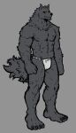  absurd_res anthro bottomwear canid canine canis clothing dark_body dark_fur dark_sclera dynogreeno fangs feet fur hi_res loincloth male mammal muscular muscular_male scar shirtless solo teeth wolf wulfgard 