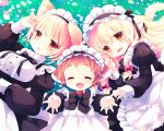  3girls :d animal_ear_fluff animal_ears apron arm_up black_bow black_dress black_hairband blonde_hair blue_flower blush bow breasts brown_eyes brown_hair center_frills collar commentary_request dog_ears dress fang flower frilled_apron frilled_hairband frills hair_bow hairband juliet_sleeves long_hair long_sleeves lying maid maid_apron maid_headdress medium_breasts multiple_girls on_back on_grass on_side original puffy_long_sleeves puffy_sleeves purple_flower red_bow red_collar sakurazawa_izumi shirt short_hair smile very_long_hair white_apron white_flower white_shirt 