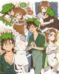  1boy 1girl aiole_sauce boku boku_no_hero_academia brown_eyes brown_hair couple dancing dragon_girl fantasy freckles green_eyes green_footwear green_hair green_jacket highres holding hug jacket midoriya_izuku no non-web_source open_mouth plant shirt smile the_lovers_(tarot) uraraka_ochako white_shirt 