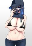  1girl arm_behind_back baseball_cap bikini bikini_top_only black_bikini blue_archive blue_eyes blue_hair blue_pants breasts cellphone cleavage clothes_lift hat highres holding holding_phone huge_breasts kurorettsu long_hair mask micro_bikini mouth_mask navel pants phone saori_(blue_archive) selfie shirt_lift smartphone solo stomach straight_hair swimsuit 