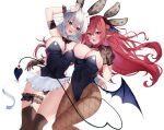  2girls :d animal_ears apron arm_up armband black_bow black_bowtie black_leotard black_thighhighs blue_eyes bow bowtie breasts bridal_garter commentary_request cowboy_shot demon_tail demon_wings detached_collar fake_animal_ears fishnet_pantyhose fishnets highres izayoi_sakuya koakuma large_breasts leotard long_hair looking_at_viewer low_wings maid_headdress multiple_girls natsuki_(ukiwakudasai) pantyhose pointy_ears puffy_short_sleeves puffy_sleeves rabbit_ears red_eyes red_hair short_sleeves simple_background smile standing tail thighhighs thighs touhou very_long_hair waist_apron white_apron white_background white_hair wings 