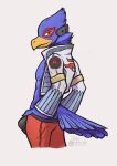  2023 abs anthro avian barazoku beak big_bulge bird bottomwear bulge clothed clothing crop_top falco_lombardi falcon falconid feathers grey_background headphones hi_res jacket looking_at_viewer male microphone muscular muscular_anthro muscular_male nintendo open_clothing open_jacket open_topwear pants pecs shirt side_view simple_background smile solo standing star_fox tokuya topwear tuft underwear unzipped watermark zipper 