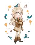  1girl :/ absurdres animal_on_head bird bird_on_head black-framed_eyewear blonde_hair blue_feathers brown_footwear brown_jacket brown_pants curly_hair feathers full_body glasses green_eyes green_shirt harry_potter:_magic_awakened harry_potter_(series) highres holding holding_own_arm holding_wand jacket long_hair musical_note neckerchief on_head orange_neckerchief pants parrot parted_bangs shirt solo sparkle standing wand white_background wizarding_world xialuo_yingling 