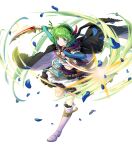  1girl black_cloak cloak dagger elbow_gloves fingerless_gloves fire_emblem fire_emblem:_the_blazing_blade fire_emblem_heroes frilled_skirt frills gloves green_hair highres knife midriff navel nino_(fang&#039;s_heart)_(fire_emblem) nino_(fire_emblem) non-web_source official_alternate_costume official_art purple_gloves purple_hair ringozaka_mariko skirt solo weapon 