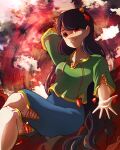 1girl absurdres black_hair blue_shorts collarbone crossed_legs dungeon_toaster green_shirt grin highres horns long_hair nippaku_zanmu oni_horns red_eyes shirt short_sleeves shorts smile solo touhou unfinished_dream_of_all_living_ghost 
