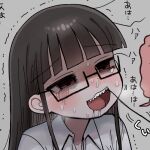  1girl bags_under_eyes black_hair blunt_bangs blush collared_shirt commentary_request cropped drooling furrowed_brow glasses grey_background half-closed_eyes head_back highres laughing long_hair nervous nervous_smile nervous_sweating open_mouth portrait red_eyes semi-rimless_eyewear sharp_teeth shinigami_dot_com shirt sidelocks simple_background smile snot solo string sweat teeth tooth_pulling toukyou_tama translation_request trembling wavy_mouth white_shirt yasashii_naizou 