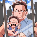  2boys baby boku_no_hero_academia collared_shirt crying deformed endeavor_(boku_no_hero_academia) facial_hair holding holding_baby holding_phone looking_at_viewer male_focus multiple_boys phone sasaki_sakichi scar scar_across_eye scar_on_face shirt short_hair spiked_hair stubble sweatdrop taking_picture 